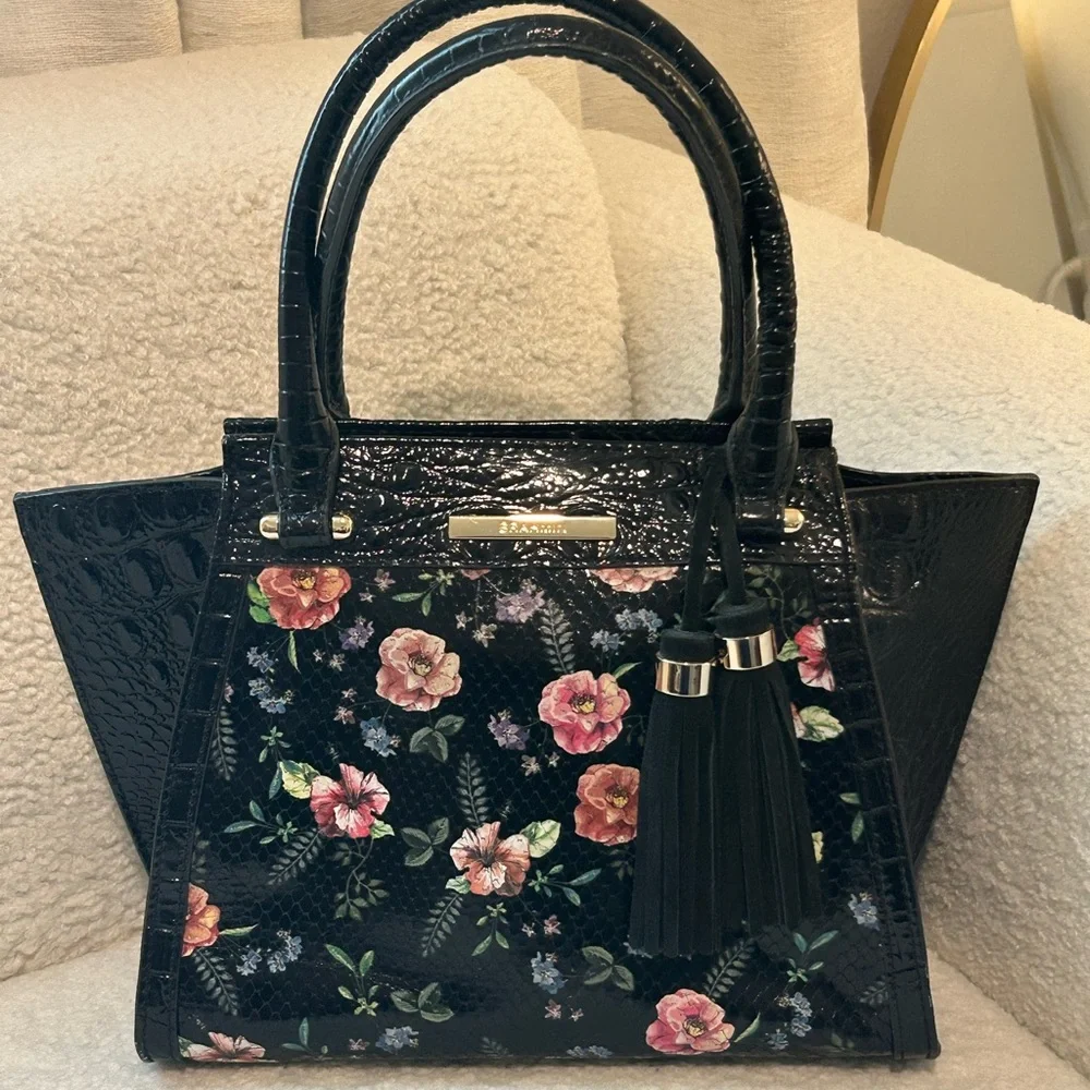 Brahmin Black Floral- mini Priscilla Satchel with Tassels - Picture 1 of 6